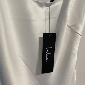 Lulu’s white satin asymmetrical dress